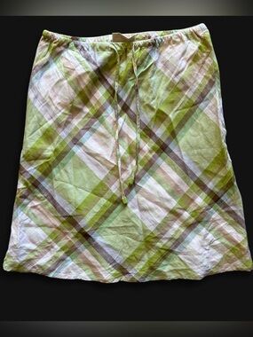 Green Plaid A-Line Skirt with Drawstring Waist